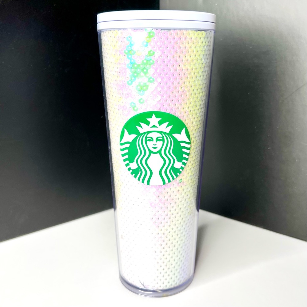 Starbucks Holiday Iridescent Sparkly White Pink Sequin Tumbler - Venti Size